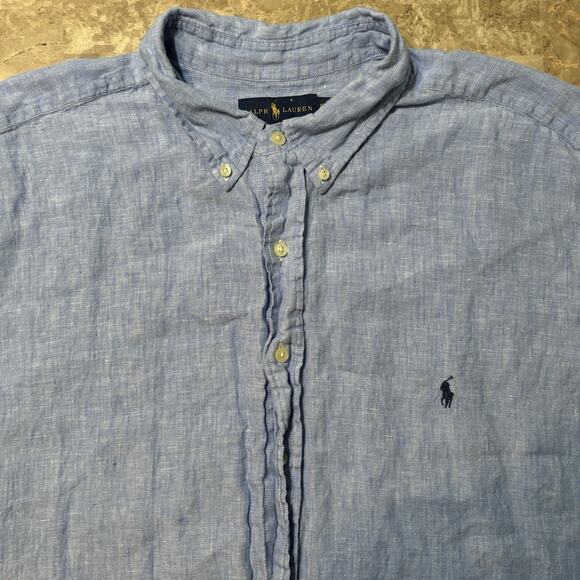Polo Ralph Lauren Shirt Mens 2XB Big 2X Blue 100% Linen Short Sleeve Button - Picture 1 of 10